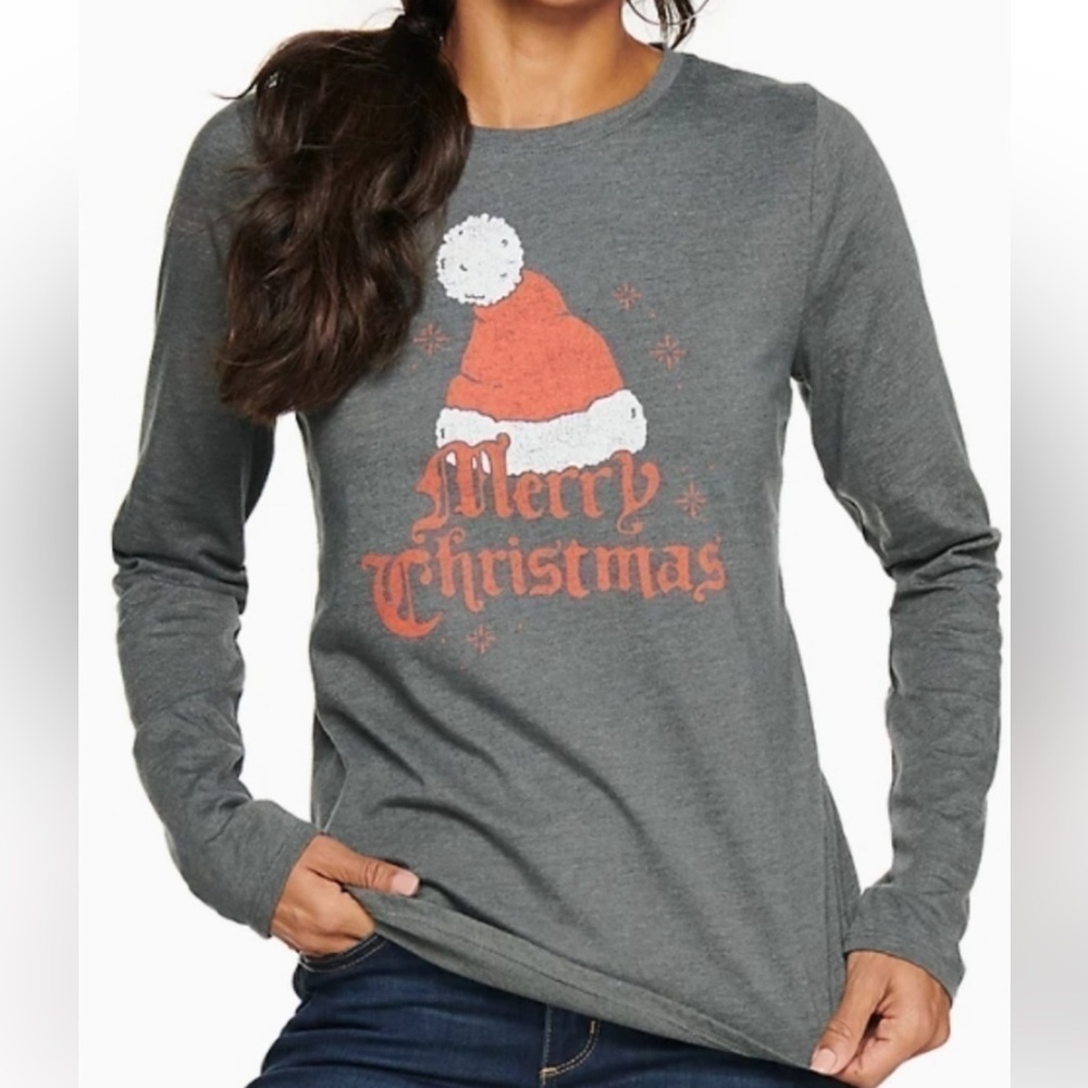 Sonoma Goods For Life Merry Christmas Santa Hat Graphic Long Sleeve Women Sz 0X
